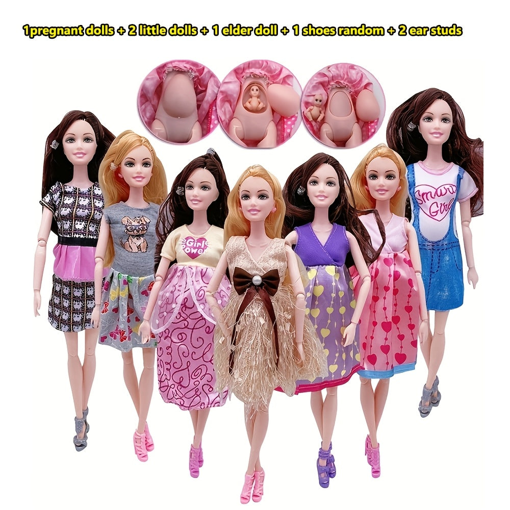 11.8 Inch Fashion Pregnant Doll with Movable Joints Mom Doll with 2 Baby Dolls Elder Doll Ear Studs Shoes Modern Dress Princess Doll Educational Toy for Girls Ages 3+