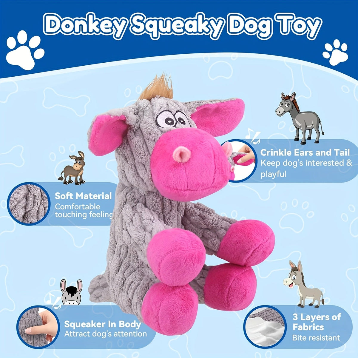Pink Donkey Squeaky Plush Dog Toy – Cute Noisy Stuffed Animal Chew Toy for Small & Medium Dogs, Soft Interactive Bite Doll for Puppies, Fun Gift for Dog Lovers and Pet Play