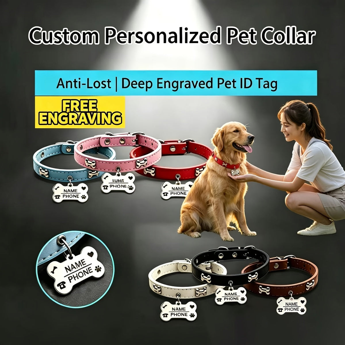 Custom Engraved Dog Collar with Free Personalized ID Tag Adjustable Anti-Lost Pet Collar for Small Medium Dogs and Cats Durable Premium Material