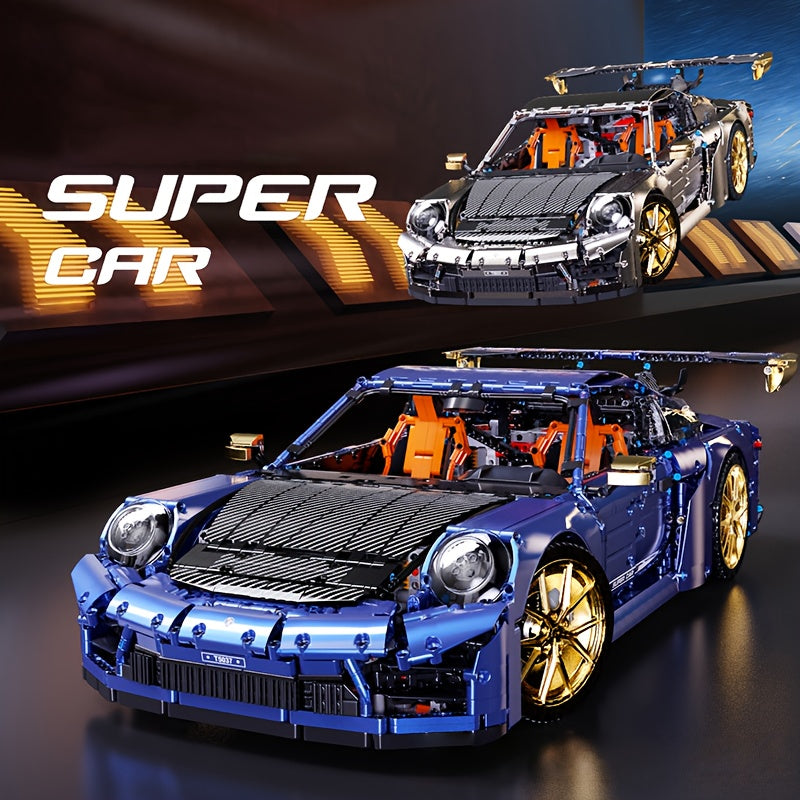 Mechanical Assembly Supercar Building Block Model – Challenging Puzzle Static Car Kit, Precision Engineering Toy for Adults & Teens, Display Model Gift in Blue & Grey