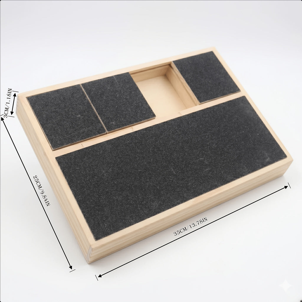 2-in-1 Wooden Dog & Cat Puzzle Feeder with Nail Filing Board – 6-Compartment Interactive Slow Feed Treat Dispenser & Scratch Pad for Small & Medium Pets, Behavior Enrichment & Mental Stimulation Toy