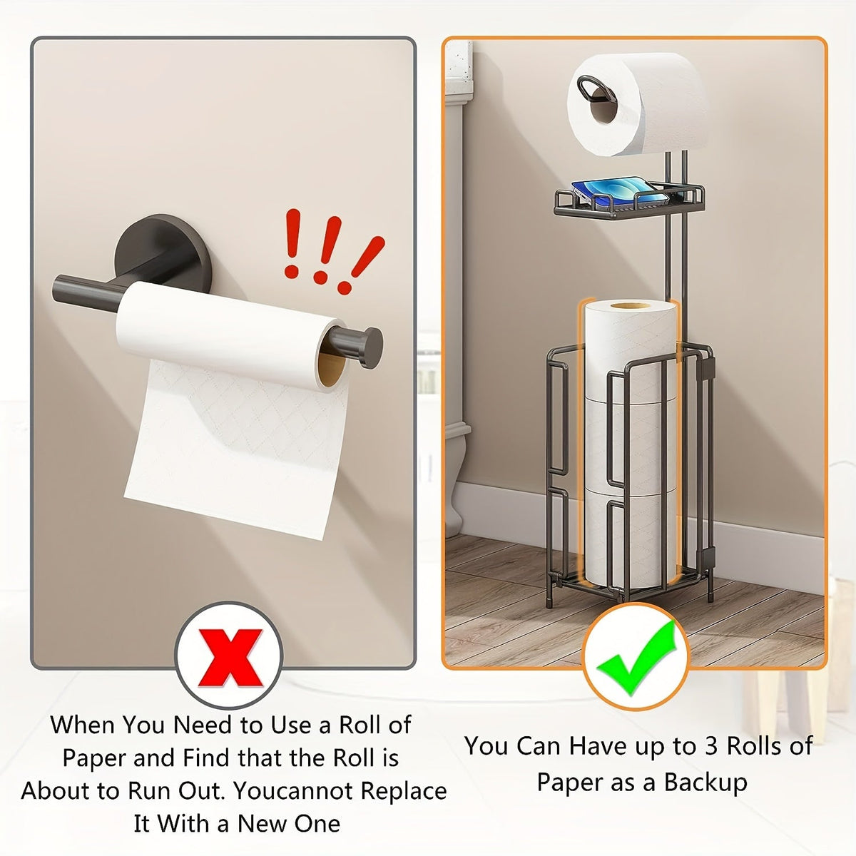 Freestanding Toilet Paper Holder – Metal Stand with 3 Reserve Roll Storage, Modern Bathroom TP Dispenser, No Drilling Required, Housewarming & Christmas Gift