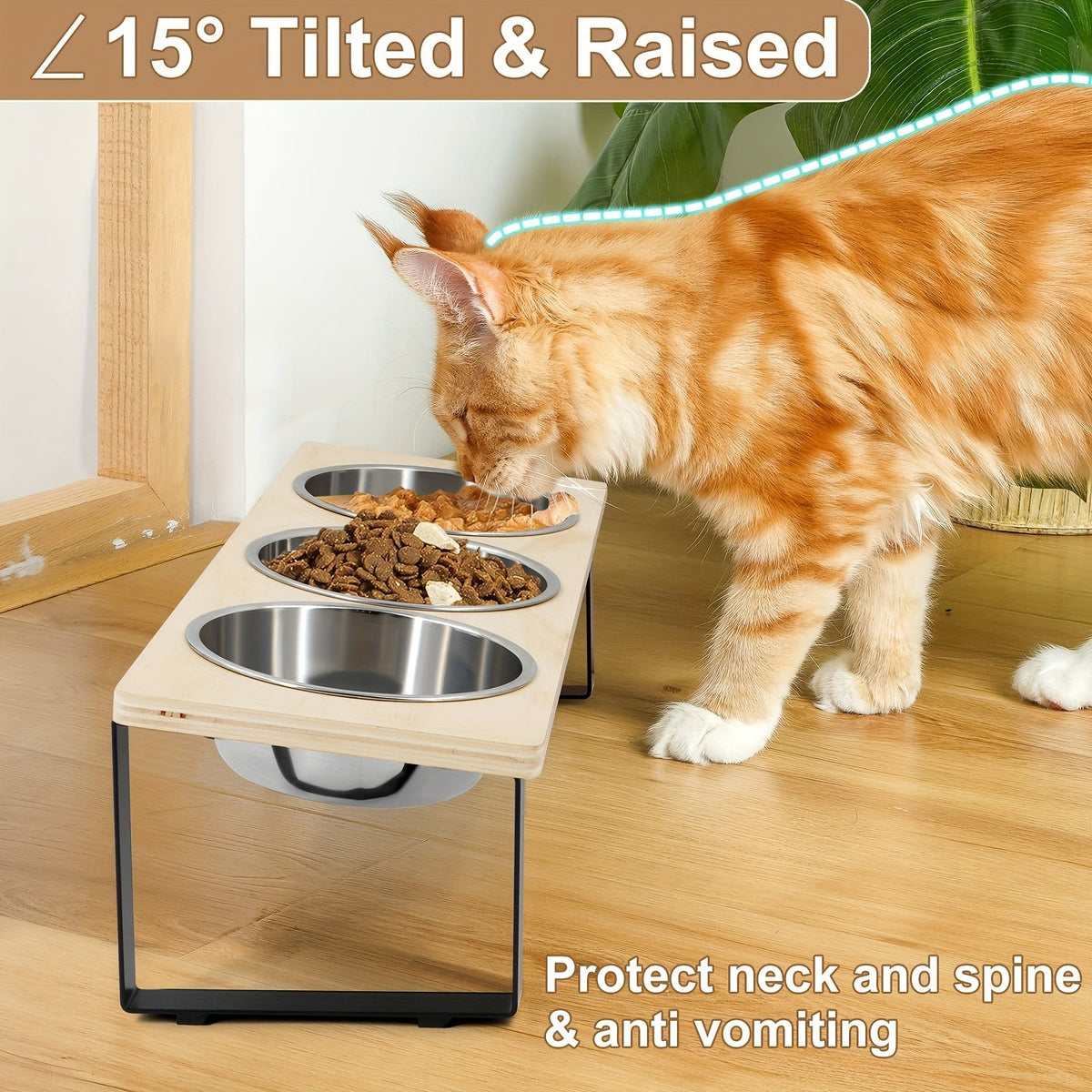Elevated Cat Bowls with 3 Stainless Steel Bowls - 15° Tilted Anti-Vomiting Raised Pet Feeder Stand for Cats & Small Dogs, Whisker-Friendly Angled Food & Water Dish Set, Modern Pet Feeding Accessory
