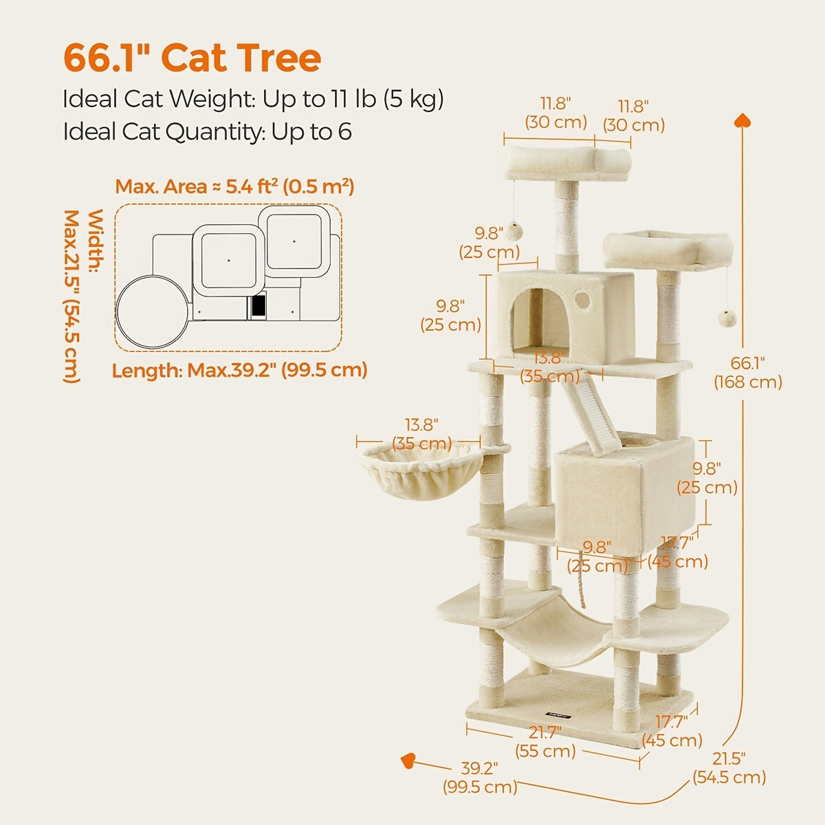 Multi-Level Cat Tree Tower 44-66 Inch with Hammock Sisal Scratching Posts Cozy Cave Perches Anti-Tilt Stable Cat Condo for Multi-Cat Families Kittens & Cats Gift