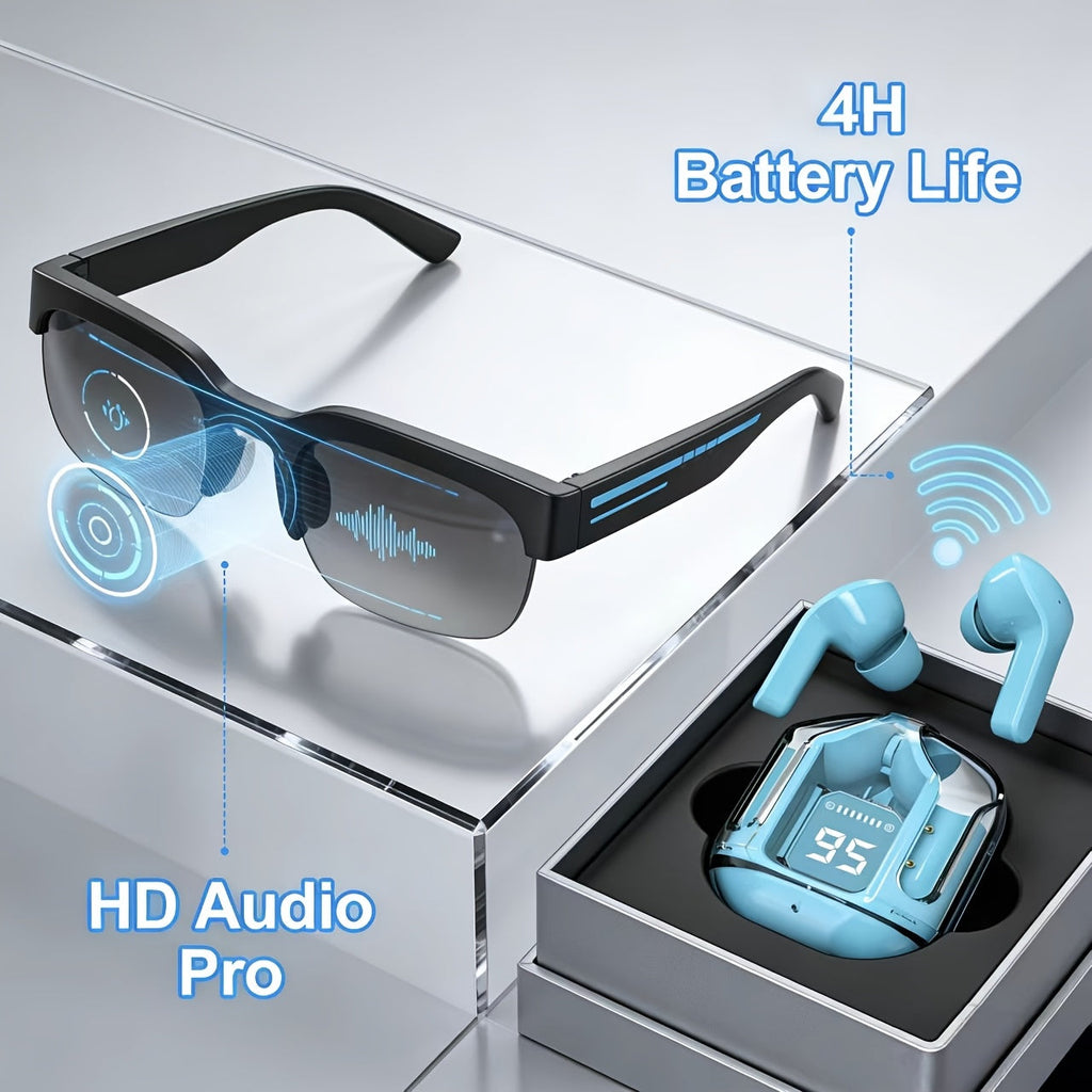 AI Translation Smart Glasses with Wireless Headphones Real-Time Multi-Language Translator Built-in Microphone Music Audio Glasses Rechargeable Sports Wearable Tech for Travel Business