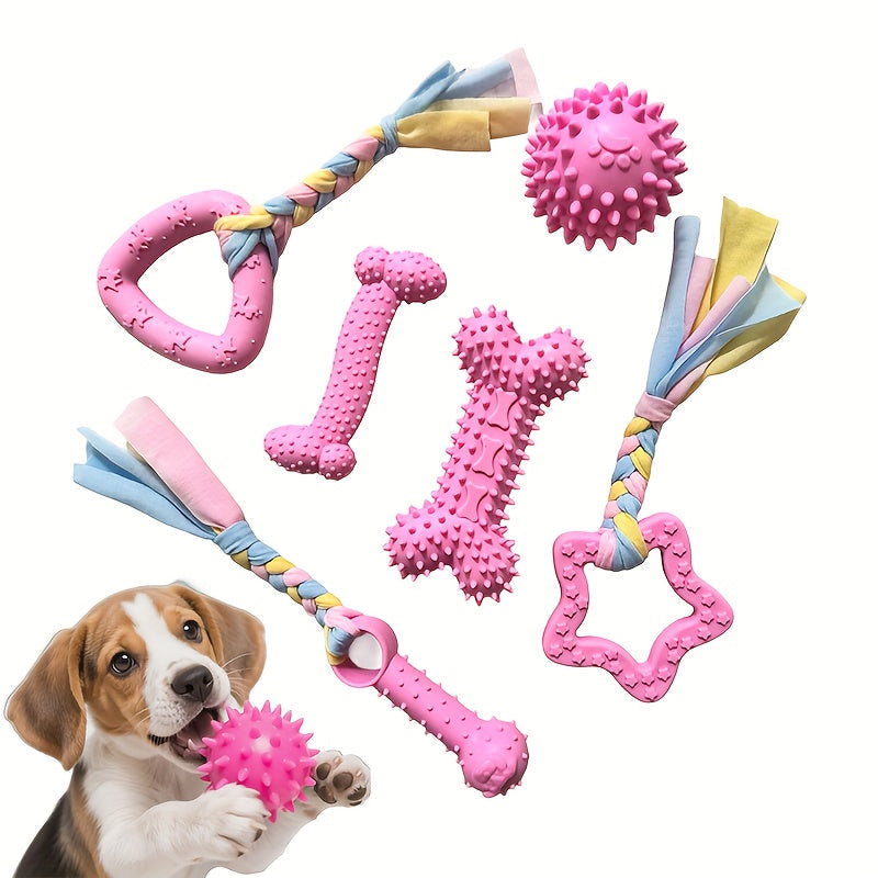 Dog Chew Toys Set of 6 Durable Rubber Interactive Teething Toys for Dogs Puppy Teeth Cleaning Chewing Toys for Aggressive Chewers Small Medium Large Breeds – Color-Themed Pet Dental Chew Toy Bundle