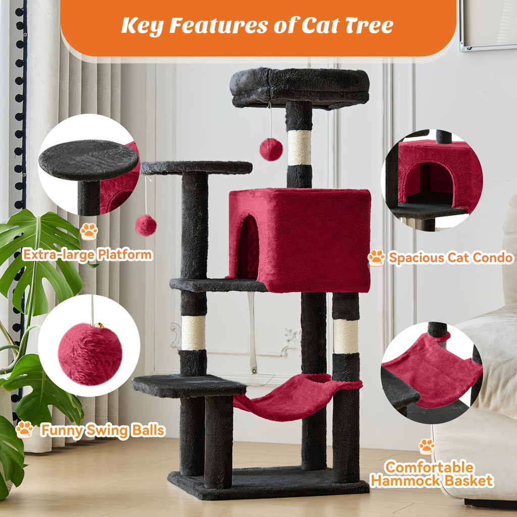 44" Cat Tree Tower with Hammock & Sisal Scratching Posts – Multi-Level Indoor Cat Condo with Natural Perches for Large & Multiple Cats, Sturdy Stable Base, Beige Gray Pink Black