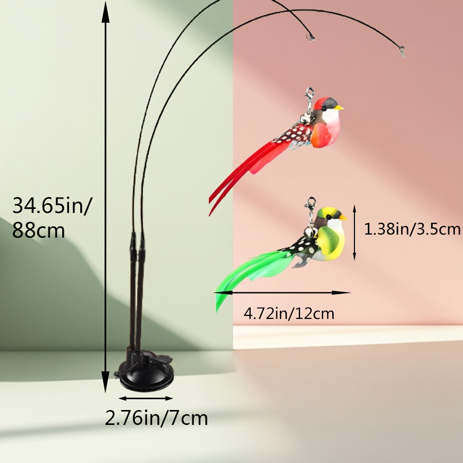Interactive Cat Feather Bird Teaser Toy with Suction Cup Base – Hands-Free Double Rod Cat Wand Toy, Battery-Free Indoor & Outdoor Cat Toy, Non-Toxic Polyester, 2 Artificial Birds Included, Mixed Colors