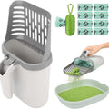 Cat Litter Scoop with Stand & Spare Bag – Large Capacity Spill-Proof Scooper, Seamless Construction, Sturdy Base, Easy Clean Waste Disposal for Multi-Cat Homes & Travel, Grey White