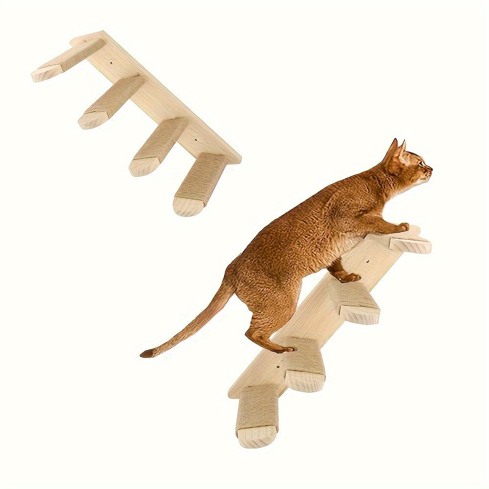 Wall-Mounted Wooden Cat Tree with Sisal Rope Cat Ladder Indoor Cat Furniture Space-Saving Cat Climbing Shelf Activity Center for Indoor Cats