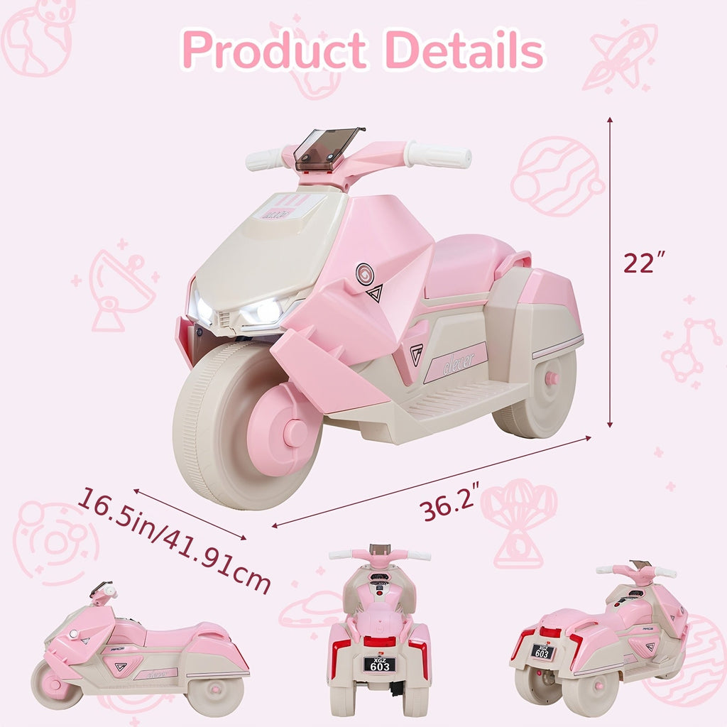 6V Kids Electric Motorcycle Battery Powered Ride On Toy with Interstellar Lights 3 Wheels Safe Stable for Boys and Girls Birthday Christmas Halloween Gift Pink Blue Green