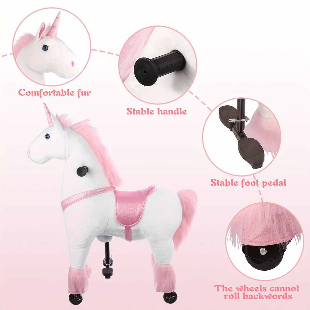 Kids Ride On Unicorn Horse Toy with Wheels Plush Walking Animal No Battery Required Size S and M for Ages 3 to 9 Pink Unicorn White Unicorn Birthday Christmas Gift for Boys Girls