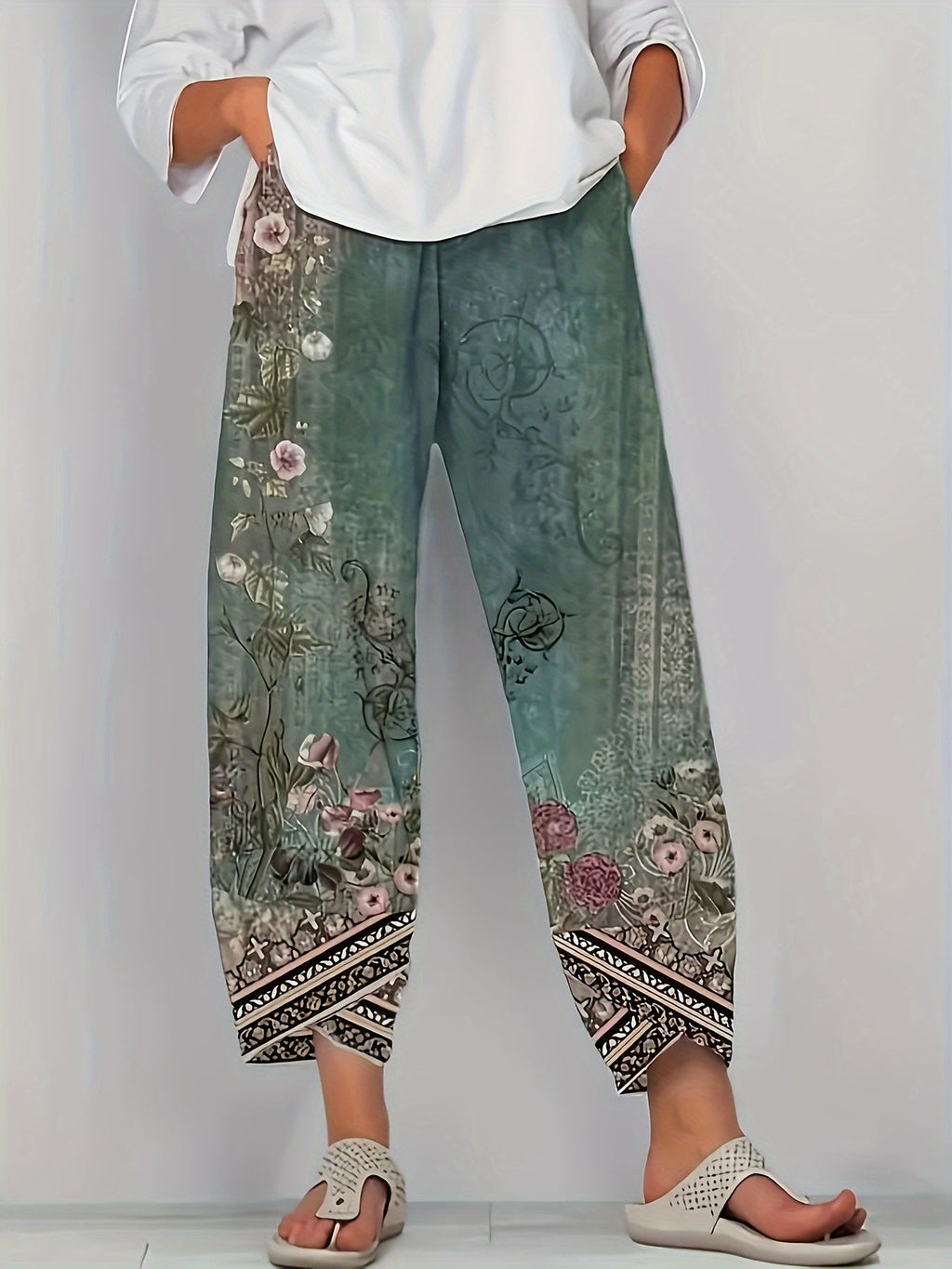 Vintage Floral Capri Pants with Elastic Waist & Pockets | Women's Retro Smocked Cropped Trousers | Casual Comfortable Boho Bottoms for Spring Summer Fall | S-XXL Multiple Colors