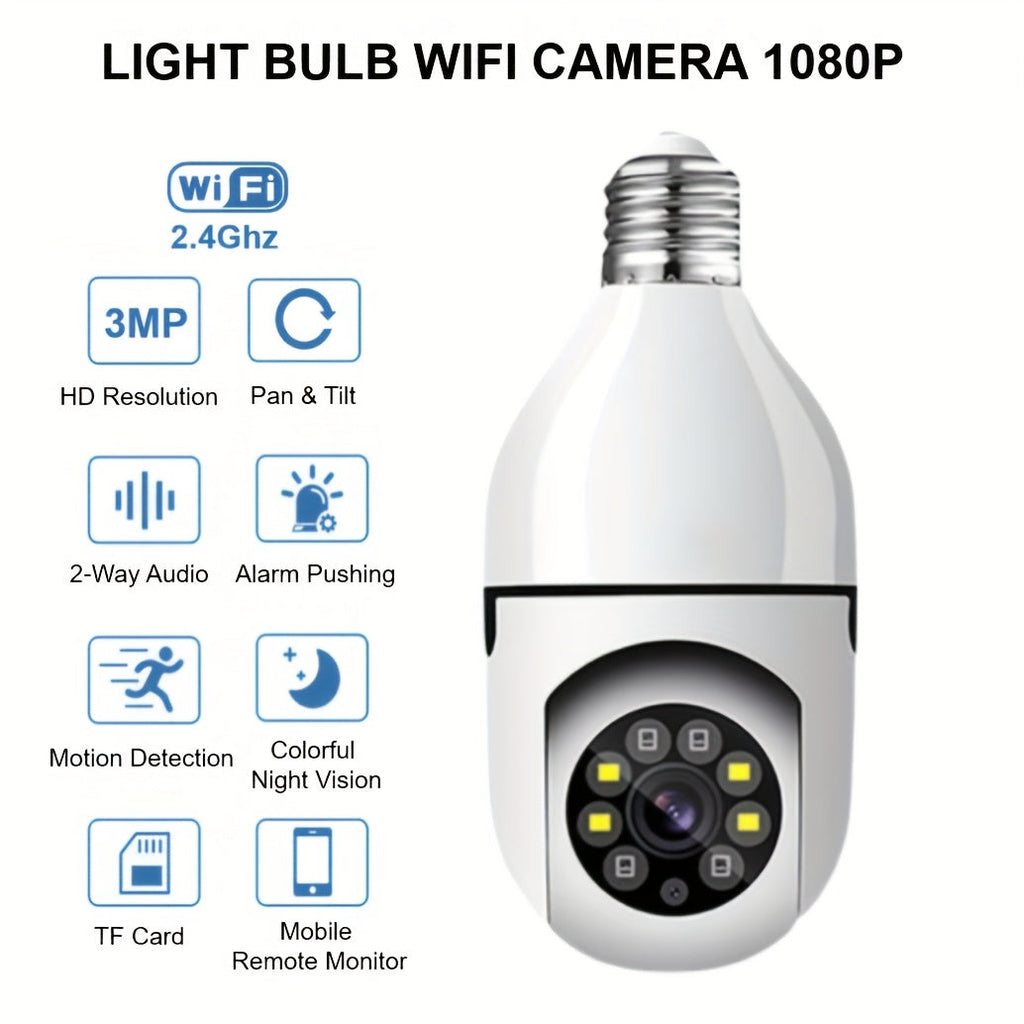 3MP Light Bulb Security Camera WiFi 2.4GHz 1080P Wireless Surveillance Full Color Night Vision Two Way Audio Motion Detection 360 Pan Tilt Home Security Indoor Camera 1 2 Pack