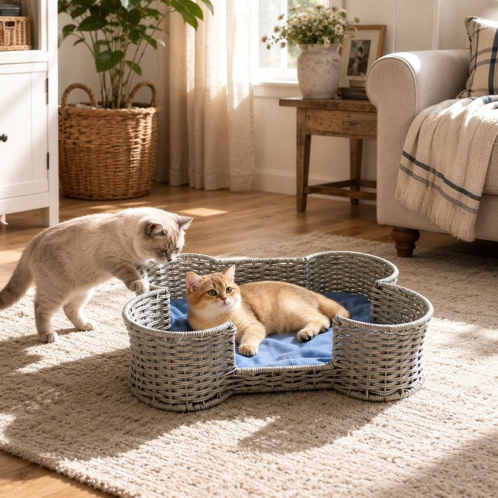 Bone Shaped Dog Toy Storage Basket – Hand Woven Faux Rattan Pet Toy Organizer Bin for Cat & Dog Toys, Leashes & Accessories, Farmhouse Home Decor Style