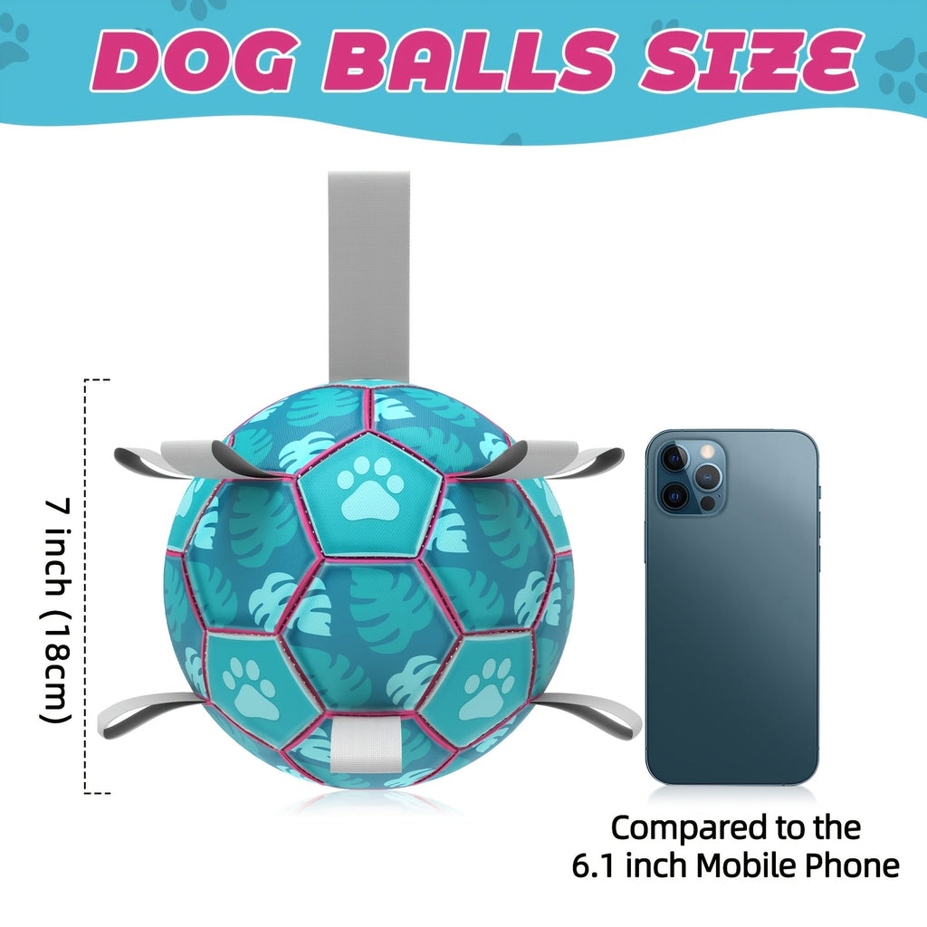 Dog Soccer Ball Toy with Straps Interactive Tug of War Football Dog Toy for Small Medium Breeds – Durable Bouncy Floating Puppy Ball for Indoor Outdoor and Water Play Fetch Training Exercise