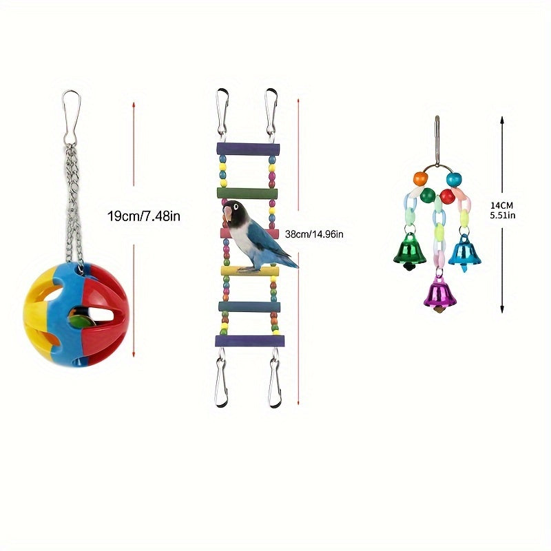 Parrot Toy Combo Set - Bird Cage Swing Perch Rod & Chewing Toys Bundle for Parrots Parakeets Cockatiels Budgies Lovebirds - Bird Cage Enrichment Accessories Assorted Colors