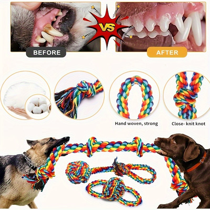 Indestructible Dog Chew Toys 6 Pack - Heavy Duty Tug Toys for Medium Large & Giant Dogs, Teething Chew Toys Set for Aggressive Chewers, Rainbow Dog Leash Included