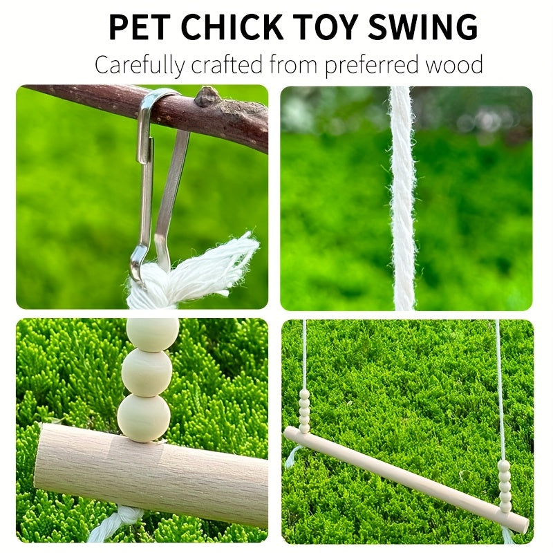 Wooden Chicken Swing Toy Natural Handmade Tangle-Free Bird Stand with Elastic Rope Beads for Chickens Ducks Parrots Poultry Farmhouse Coop Accessory Large Durable