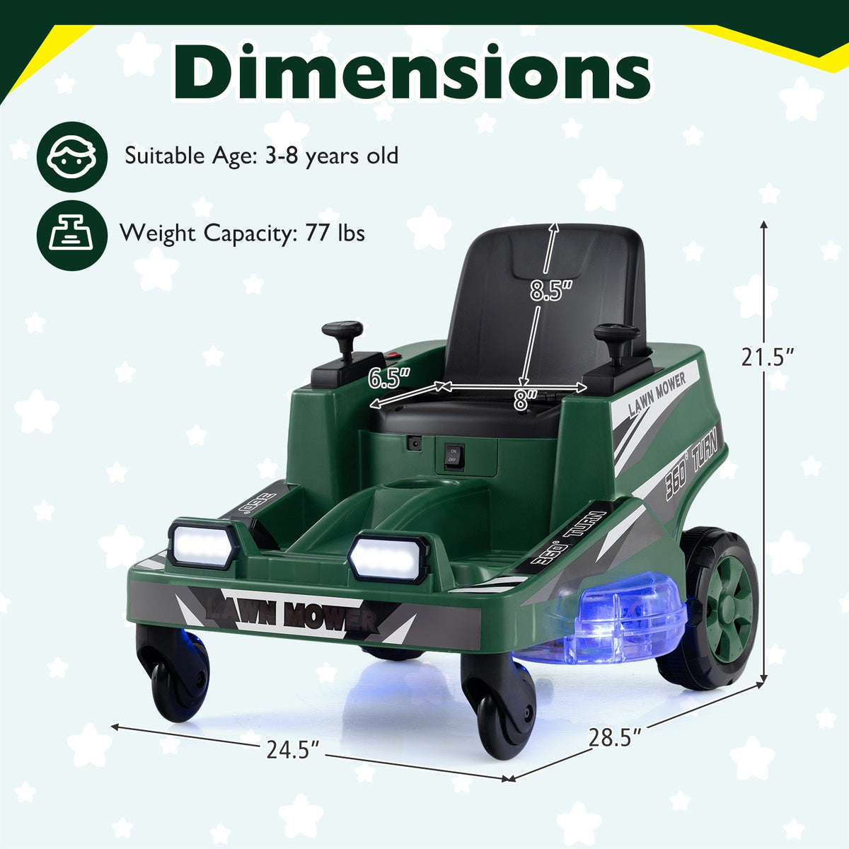 12V Kids Ride-On Lawn Mower Electric Car - Dual Control Sticks, LED Lights, 360° Twist & Turn, Spinning Blades, Anti-Tip Wheels | Outdoor Toy for Boys & Girls Ages 3+ | Max 77lbs | 1.7MPH | Green