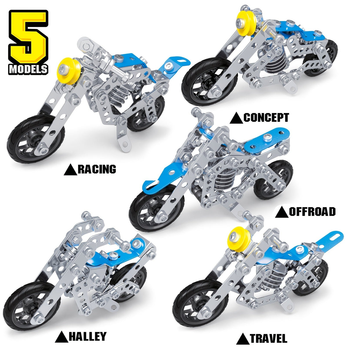 Metal Erector Set Motorcycle STEM Building Kit 139 Pieces for Kids Age 8+, 5-in-1 Multi-Shape Motorbike Construction Model Toy, STEAM Educational Engineering Gift for Boys Girls Teens