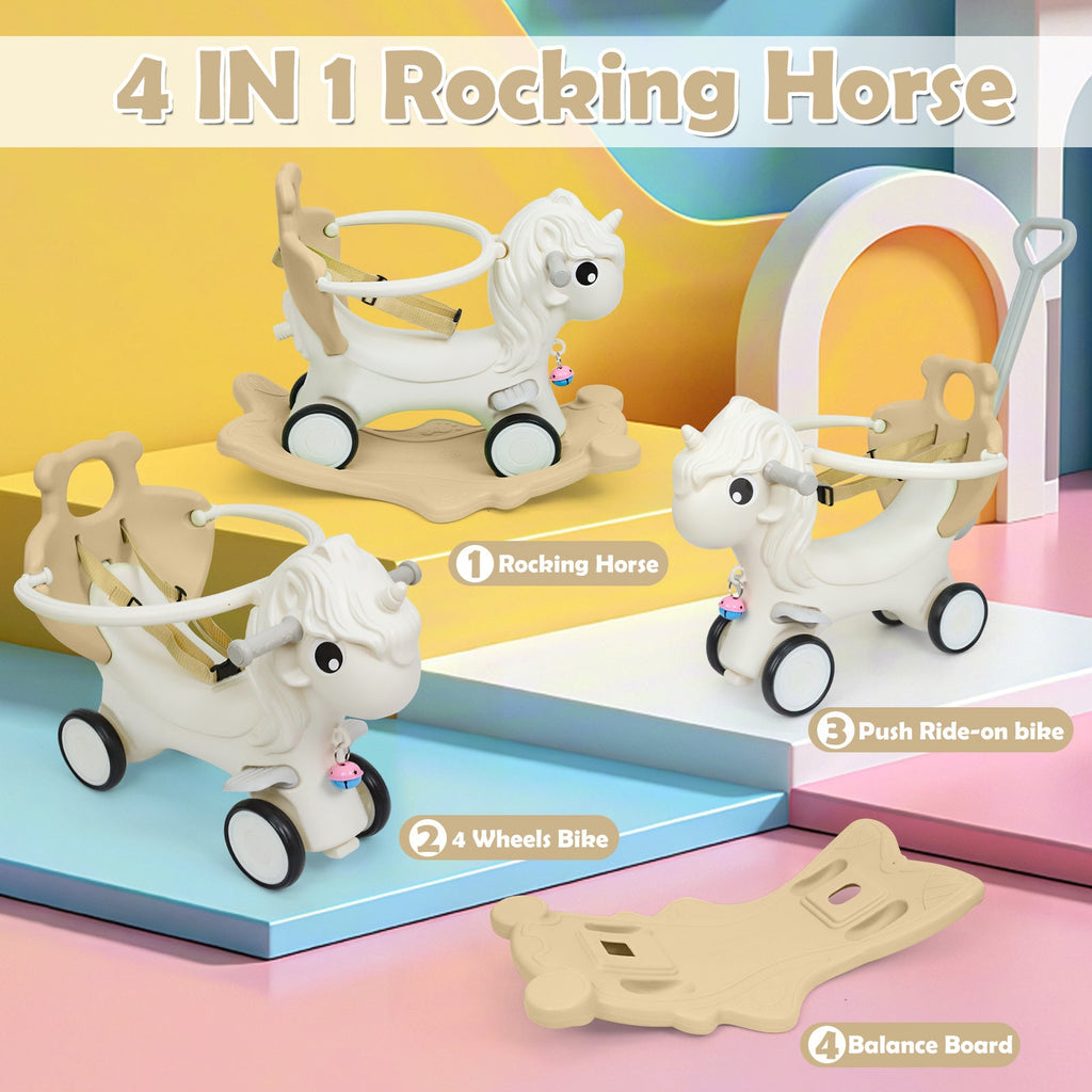 3-in-1 Rocking Horse for Toddlers 12 Months and Up - Balance Bike with Push Handle, Detachable Balance Board, Rocking Toy Ride On for Baby Boys and Girls - Green, Blue, Pink