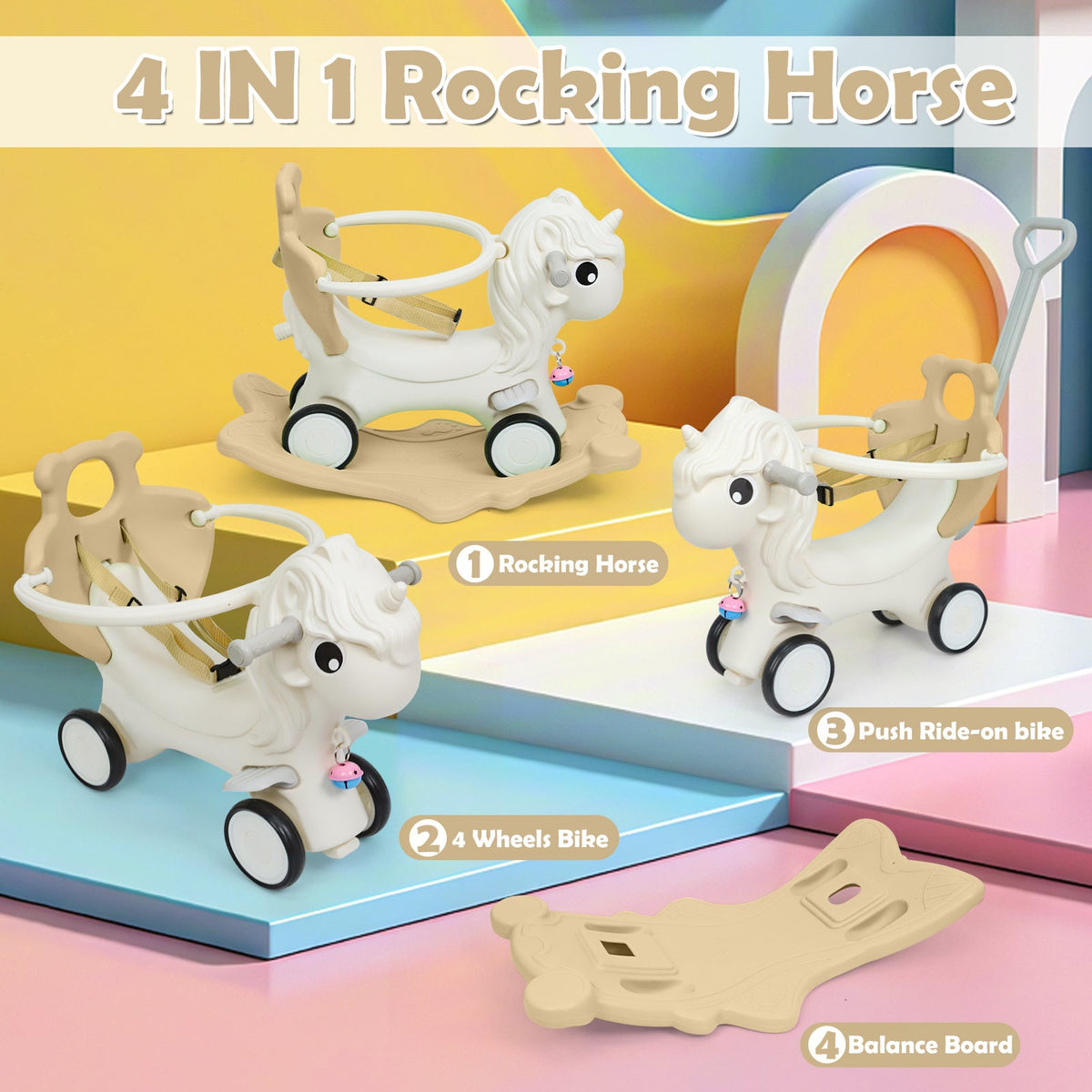 3-in-1 Rocking Horse for Toddlers 12 Months and Up - Balance Bike with Push Handle, Detachable Balance Board, Rocking Toy Ride On for Baby Boys and Girls - Green, Blue, Pink