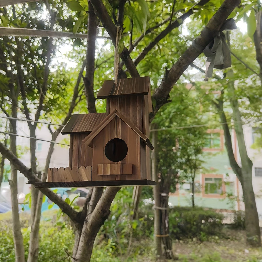Outdoor Wooden Bird Nest 3-Room Rustic Natural Wood Wild Bird House for Garden Backyard Patio – Handcrafted Bird Nesting Box for Small Wild Birds Wildlife Habitat Decor