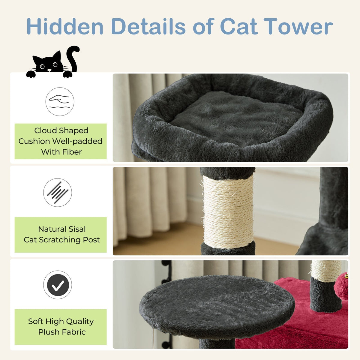 44-Inch Cat Tree Tower for Indoor Cats with Condo, Hammock & Natural Sisal Scratching Posts – Multi-Level Cat Furniture with Perches & Pet House for Multiple Cats, 5 Colors