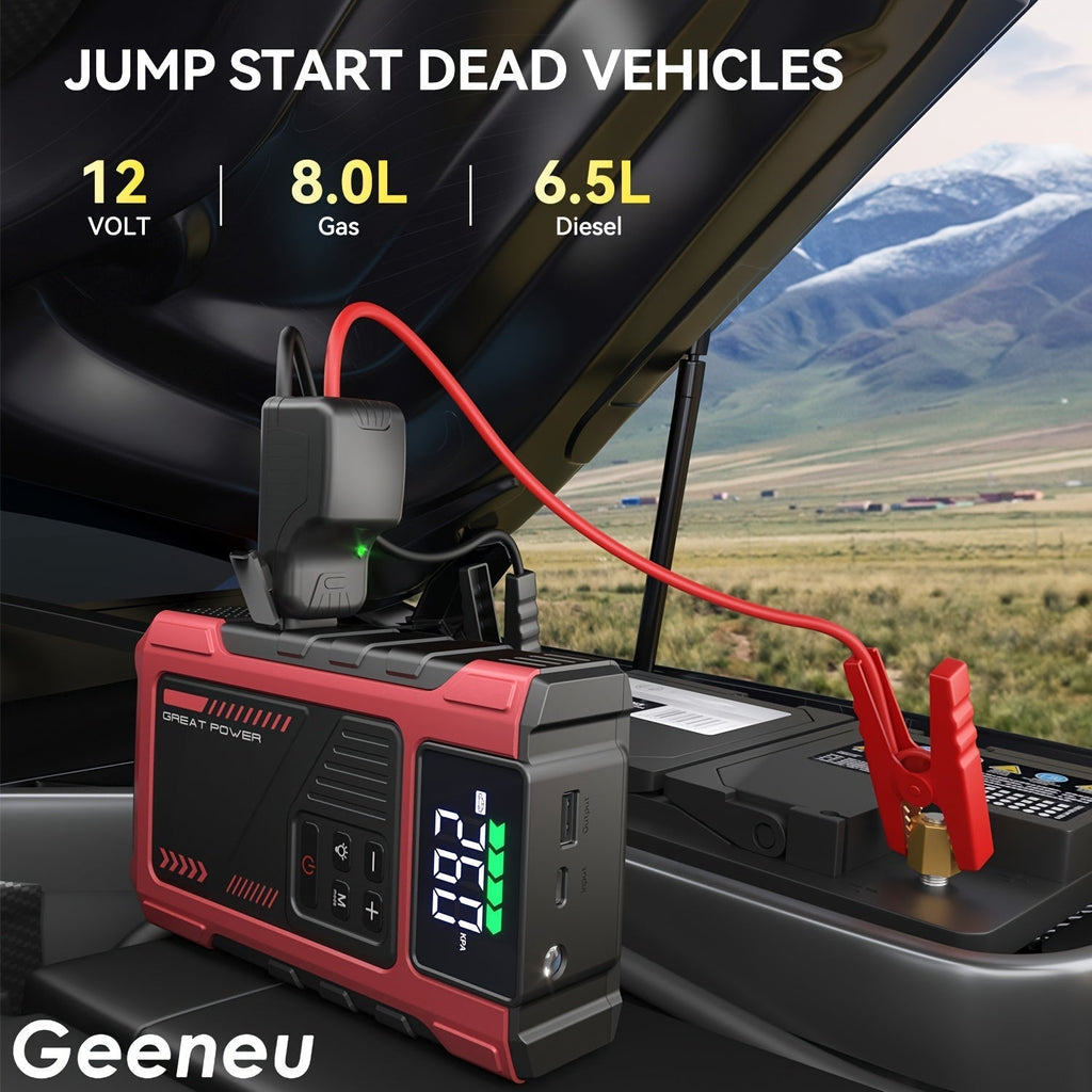 9-in-1 Portable Jump Starter with Air Compressor for 12V Car Up to 8.0L Gas 6.5L Diesel – Battery Booster Pack with Tire Inflator, USB Power Bank, LED Emergency Light & Roadside Kit
