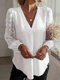 Women's Swiss Dot Patchwork Lantern Sleeve V-Neck Shirt - Elegant Flowy Blouse for Casual Office Date Night | White Black Green Gray S-XXL