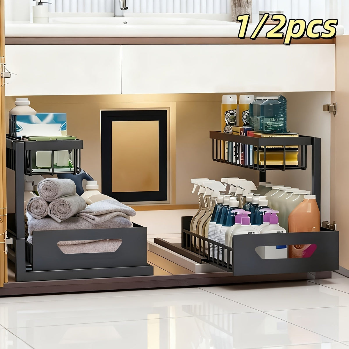 Under Sink Organizer 2 Tier Pull Out Cabinet Storage Organizer with Metal Sliding Drawers Kitchen Bathroom Tabletop Organizer and Storage Rack Accessories