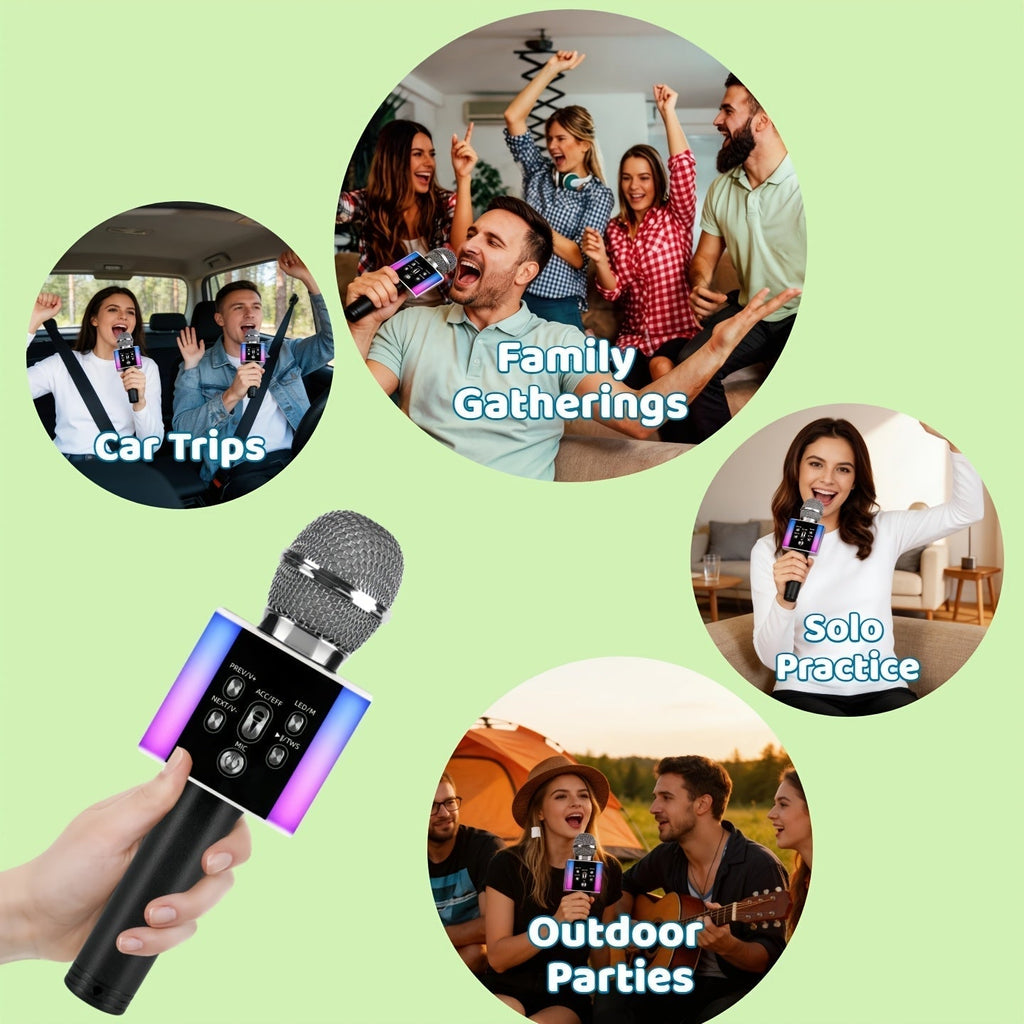5-in-1 Wireless Karaoke Microphone with Built-In Speaker, LED Lights & Voice Changer – Portable Bluetooth Singing Mic for Parties, Family Gatherings, Travel & Outdoor Fun, 10 Colors