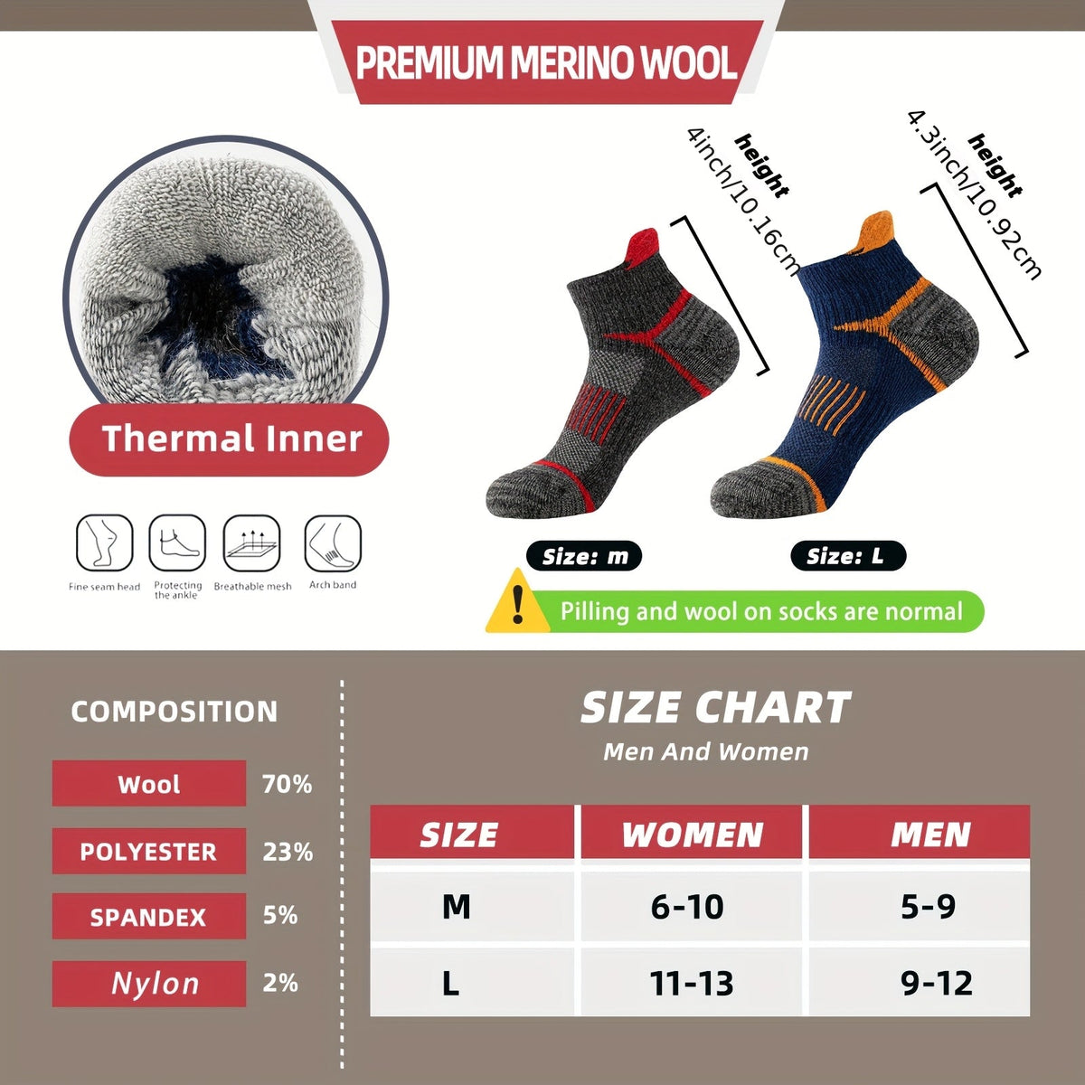 6 Pairs Merino Wool Hiking Socks for Men & Women, Cushioned Ankle Running Work Socks with Compression Support, Sweat-Absorbing Breathable Low Cut Invisible Design – Great Gift Idea