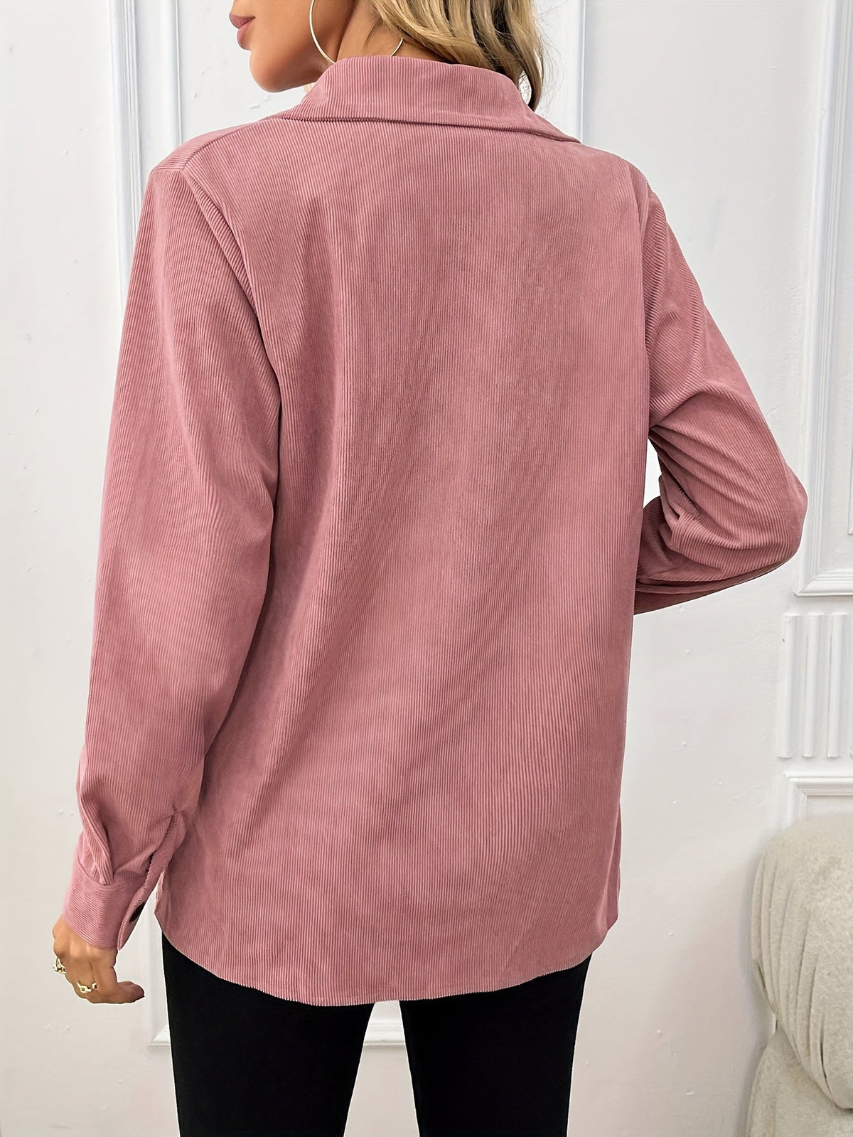 Corduroy Shirt Jacket Women Lapel Front Pocket Long Sleeve Shacket Casual Fall Outerwear Pale Pink Gray Peacock Blue Black XS S M L XL