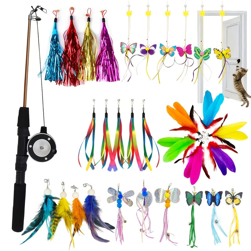 Telescopic Feather Cat Wand Toy with Interchangeable Heads - Artificial Feather Interactive Cat Toy, 3 or 4 Section Extendable Pole with 3/6/9 Random Replacement Heads, No Battery Required