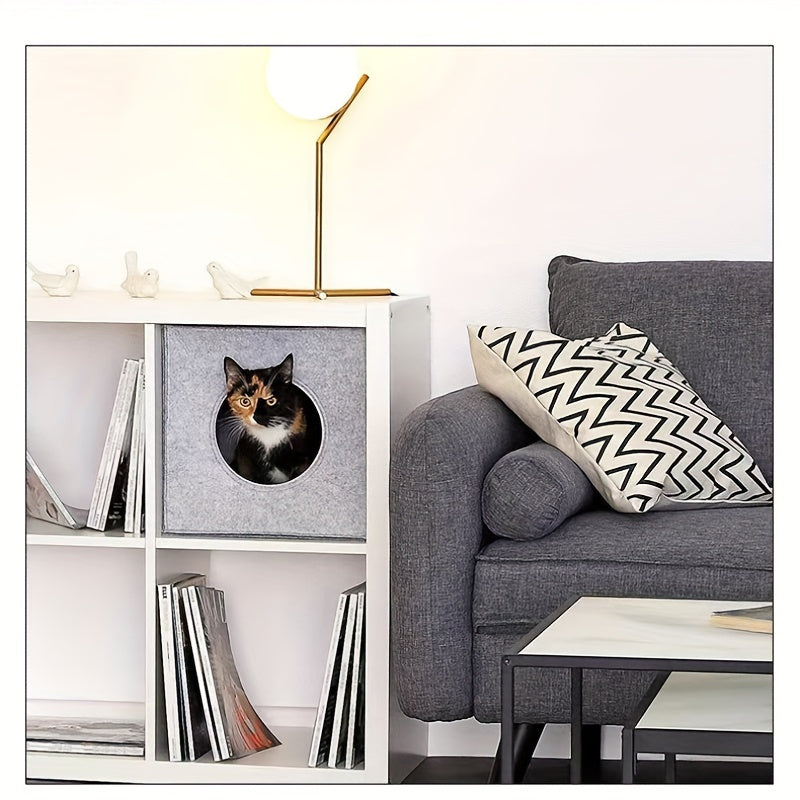 Square Felt Cat Bed Foldable Machine Washable – 3mm Thick Semi-Enclosed Cat House, Won't Collapse, All-Season Indoor Cat Cave for Sleeping & Playing, 13x14.5x13 Inch, Dark Gray & Light Grey