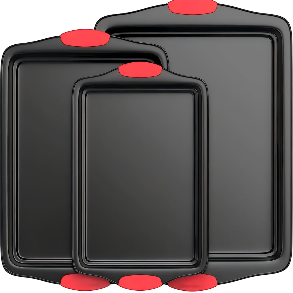 Carbon Steel Non-Stick Baking Pan Set 3-Piece – Commercial Restaurant Grade Oven Safe Bakeware with Red Silicone Handle Double-Sided Coating Sheet Pan Cookie Tray Roasting Pan
