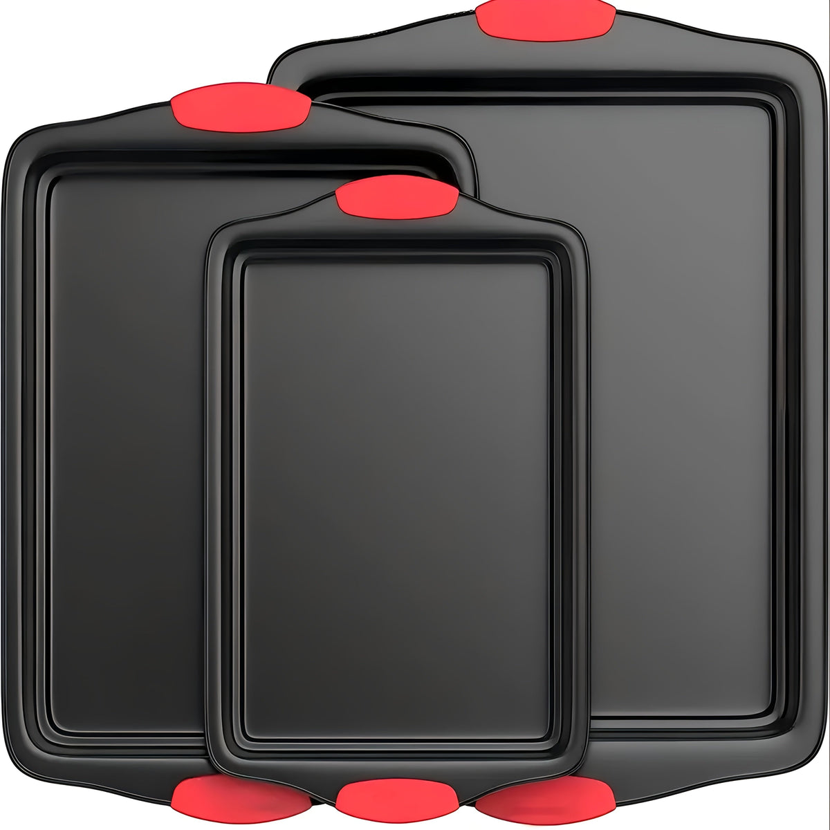 Carbon Steel Non-Stick Baking Pan Set 3-Piece – Commercial Restaurant Grade Oven Safe Bakeware with Red Silicone Handle Double-Sided Coating Sheet Pan Cookie Tray Roasting Pan