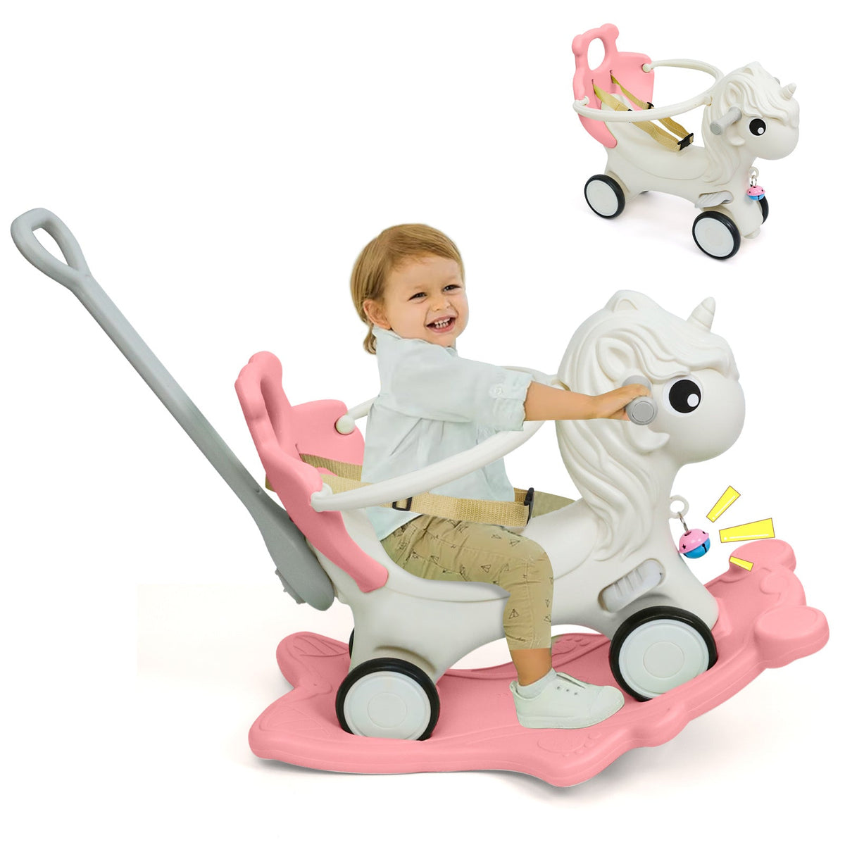 3-in-1 Rocking Horse for Toddlers 12 Months and Up - Balance Bike with Push Handle, Detachable Balance Board, Rocking Toy Ride On for Baby Boys and Girls - Green, Blue, Pink